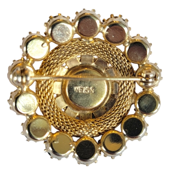 Vintage Signed WEISS Emerald Rhinestone Brooch 1950s Filigree Dome Gold Tone - Picture 5 of 7